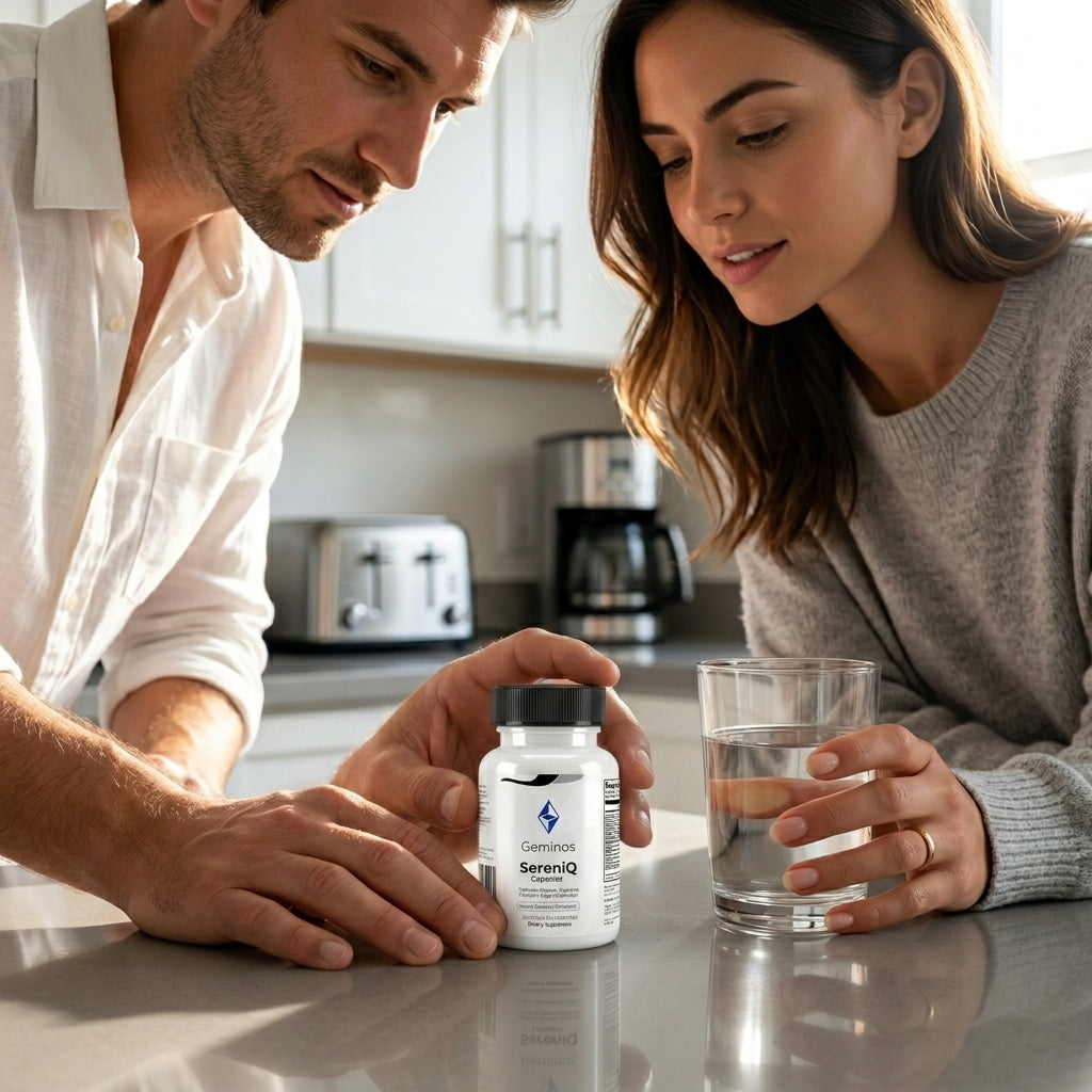 Man and woman looking at a bottle of SerenIQ supplements in a kitchen.