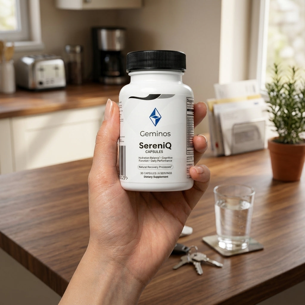 Hand holding a bottle of Geminos SereniQ in a kitchen setting
