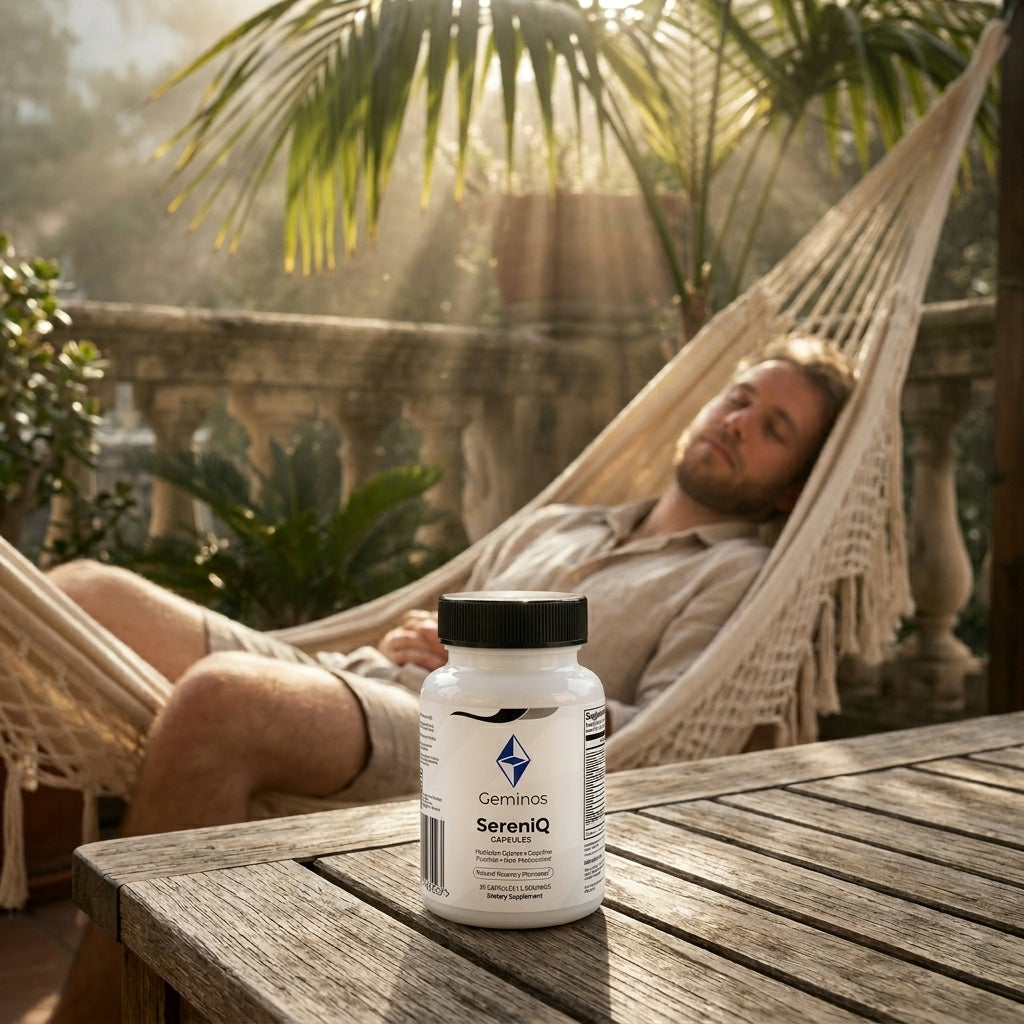 Man relaxing in a hammock with a bottle of SerenIQ on a table