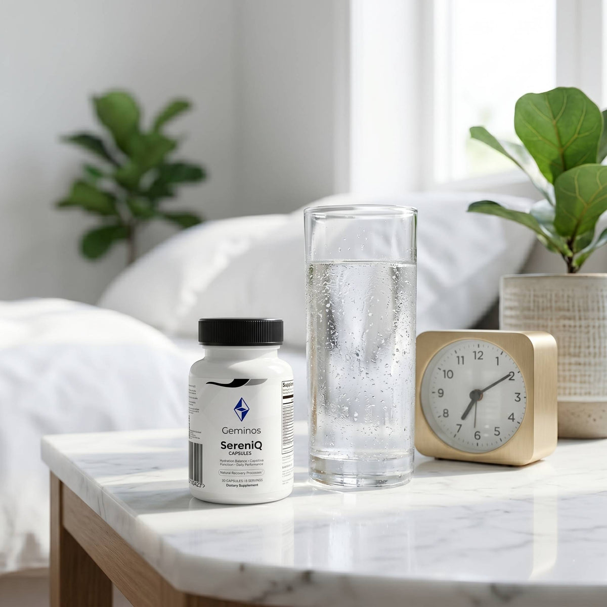 Geminos SerenIQ supplement bottle with a glass of water and an alarm clock on a marble surface.