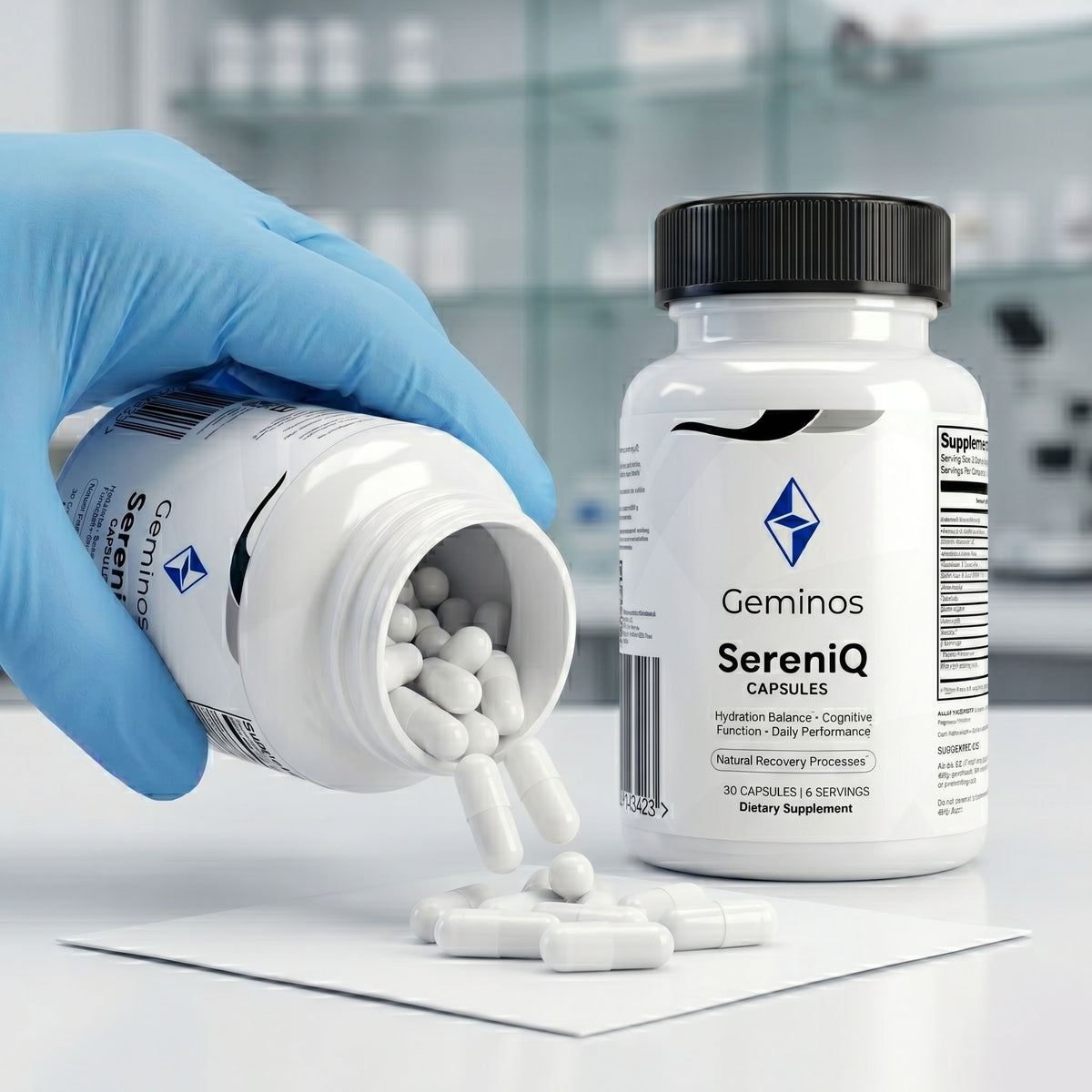 Hand with blue glove pouring Geminos SereniQ capsules onto a white surface.