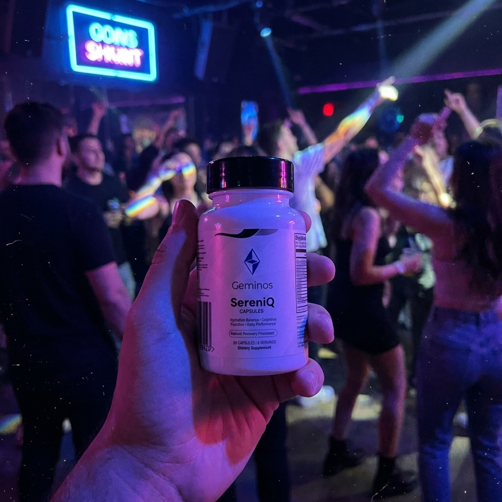 Hand holding a bottle of 'Geminos SereniQ' capsules in front of a crowd at a party.