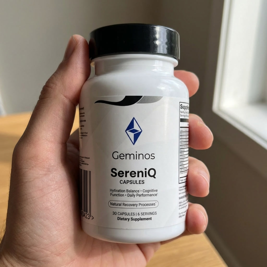 Hand holding a bottle of Geminos SereniQ capsules with a neutral background