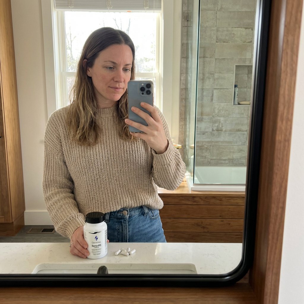 Woman taking a mirror selfie holding a phone and a supplement bottle on a bathroom counter.