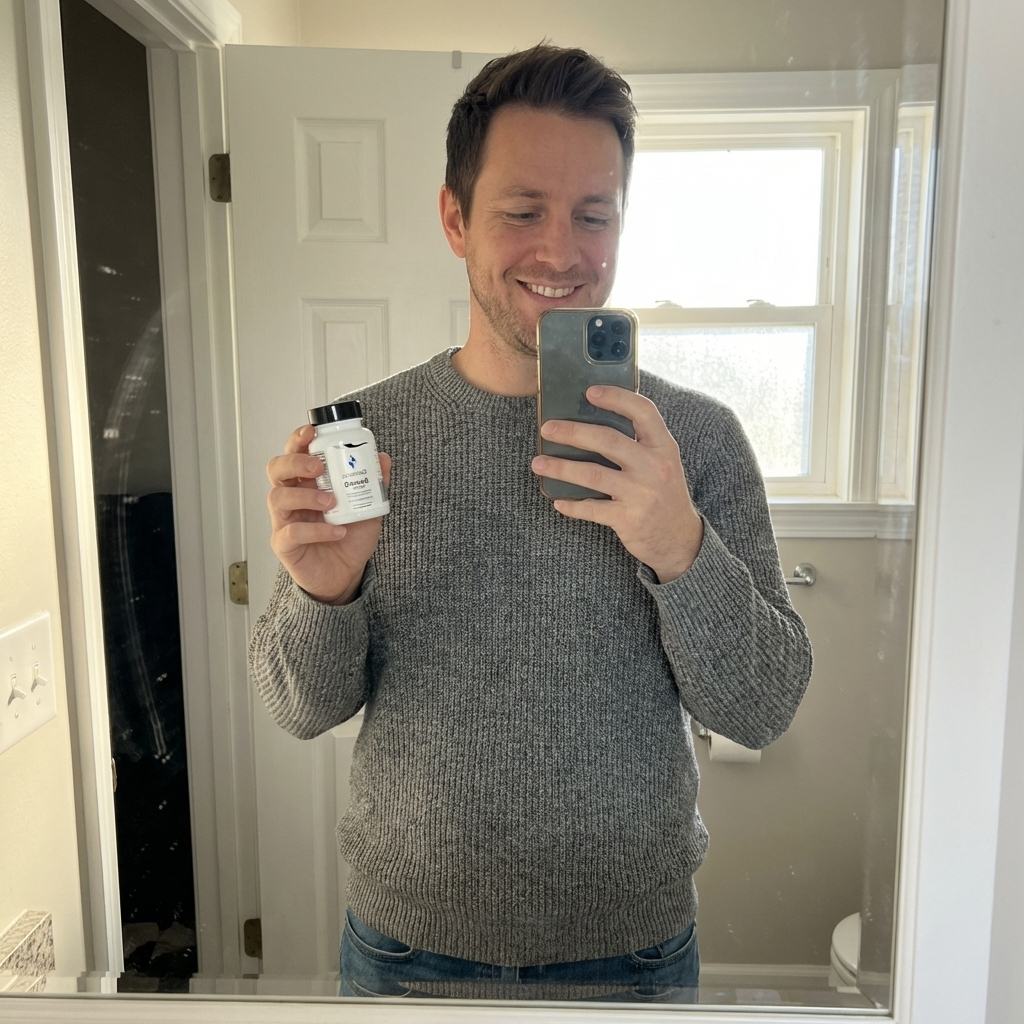Man taking a mirror selfie holding a supplement container and phone.