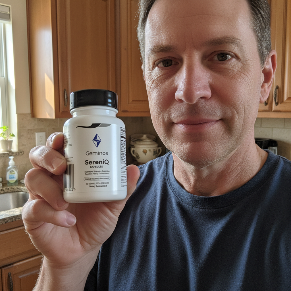 Man holding a bottle labeled 'SerenIQ' in a kitchen setting