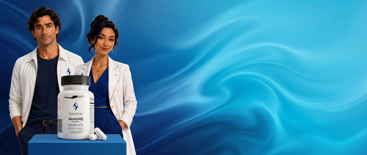 Two people in white lab coats stand beside a large white supplement bottle on a blue pedestal against a flowing blue background. The bottle label shows the brand name and product details.
