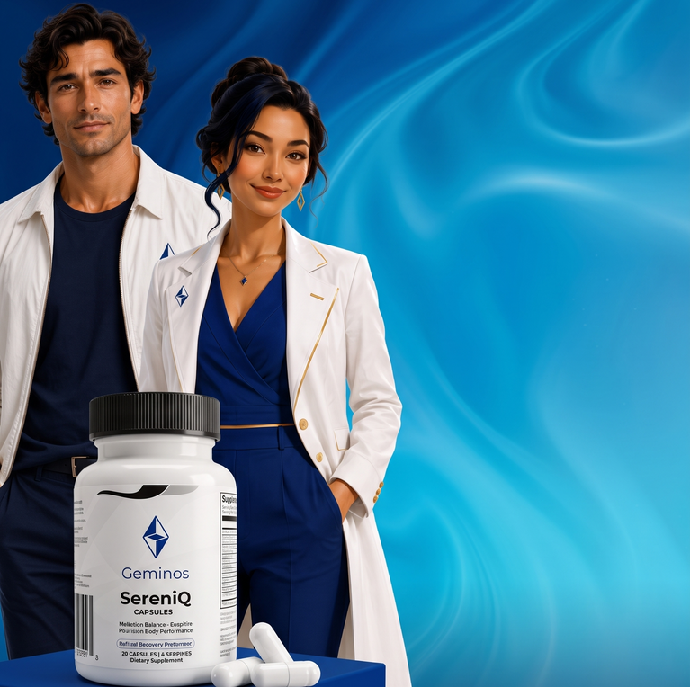 A man and a woman in white lab coats stand behind a bottle of Geminco SereniQ dietary supplement capsules on a blue background.